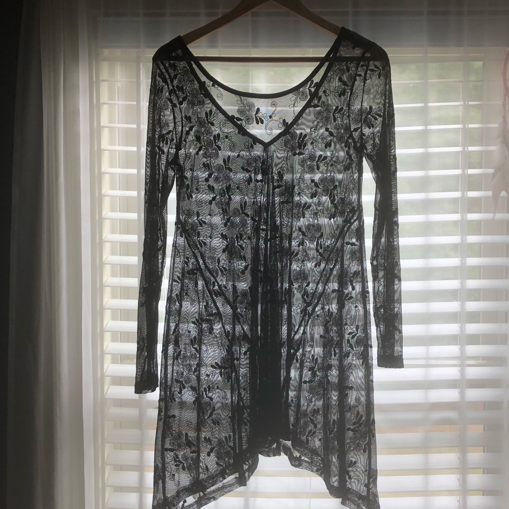 Sheer / Mesh Embroidered Black Floral Dress
